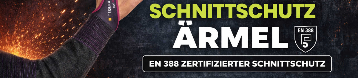 Eine Person, die einen Schutzärmel trägt, wehrt orangefarbene Funken ab. Der Text lautet „Schnittschutz Ärmel“ und „EN 388 zertifizierter Schnittschutz“, daneben ist ein Schild mit der Aufschrift „EN 388 5“ zu sehen.