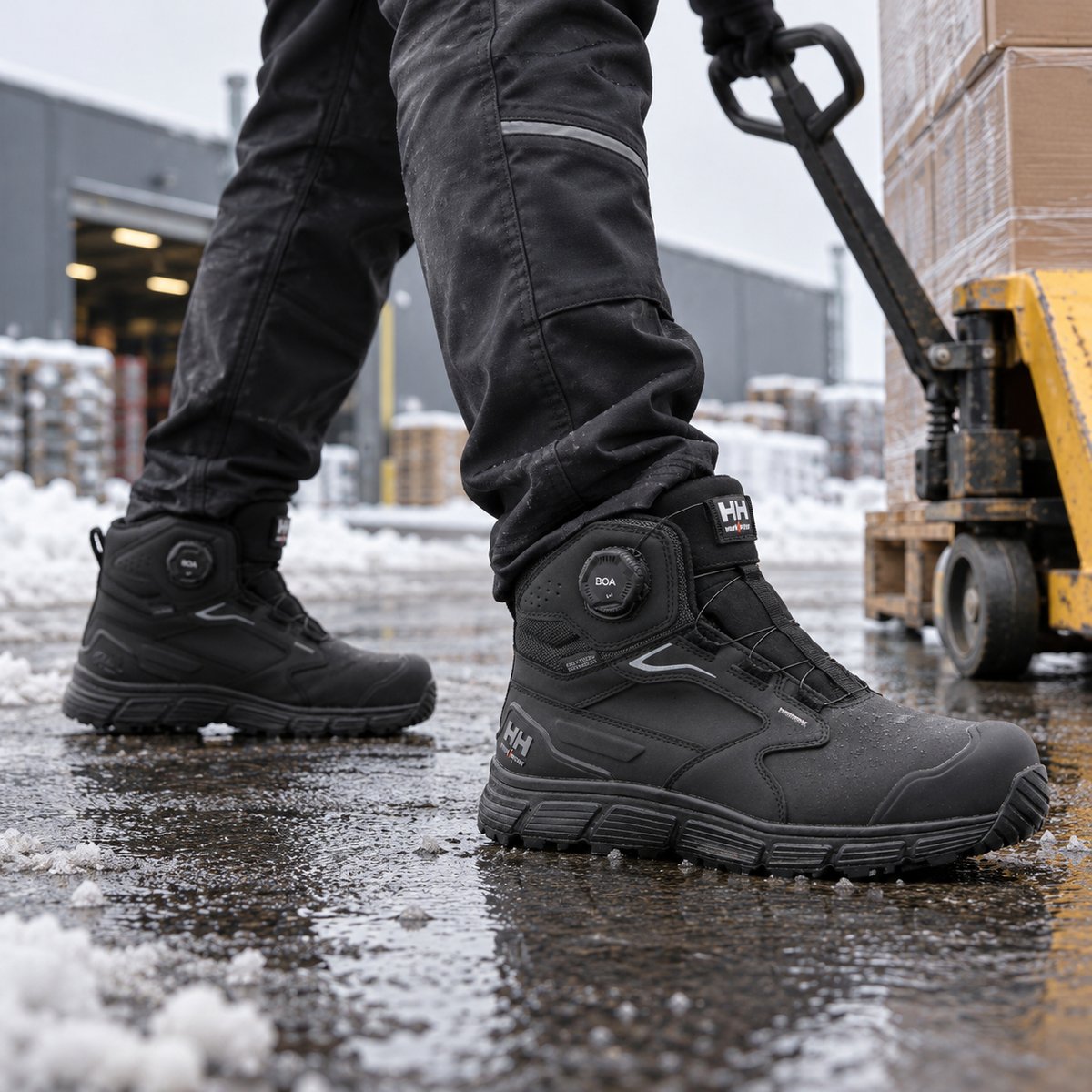 Helly Hansen Kensington 78453 S7S Sicherheitsschuhe bei der Warenverladung – KI-generiertes Einsatzbild