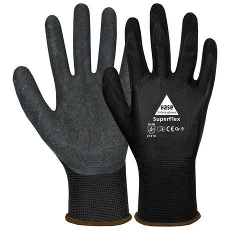 Hase SuperFlex Black Montagehandschuhe, 13 Gauge Polyester mit Latex-Beschichtung