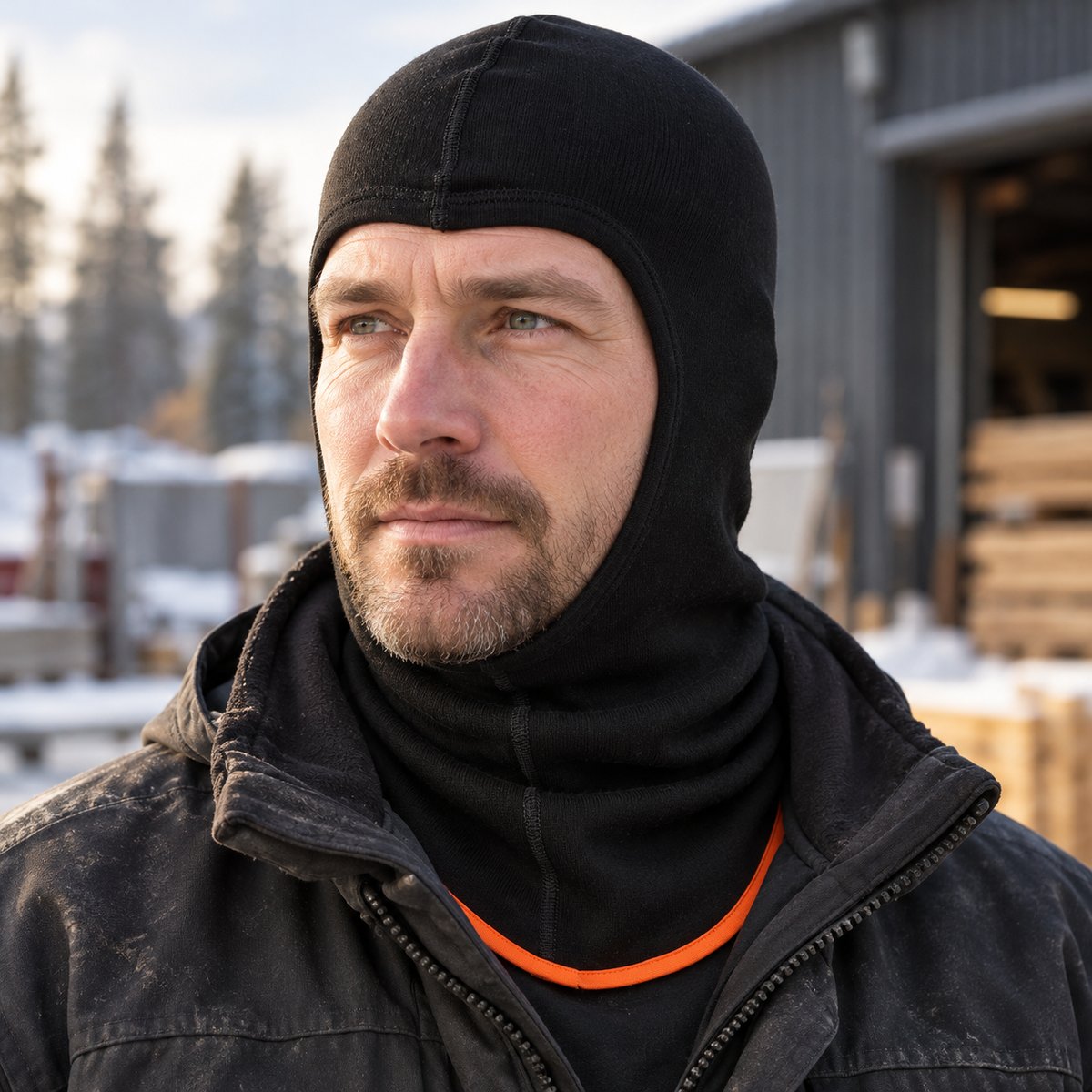 Helly Hansen Lifa Merino Sturmhaube 79707 getragen, Nahaufnahme im Freien – KI-generiertes Einsatzbild