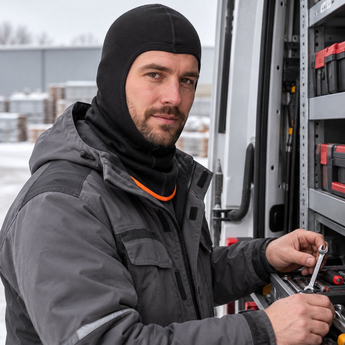 Helly Hansen Lifa Merino Sturmhaube 79707 beim Service am Transporter – KI-generiertes Einsatzbild