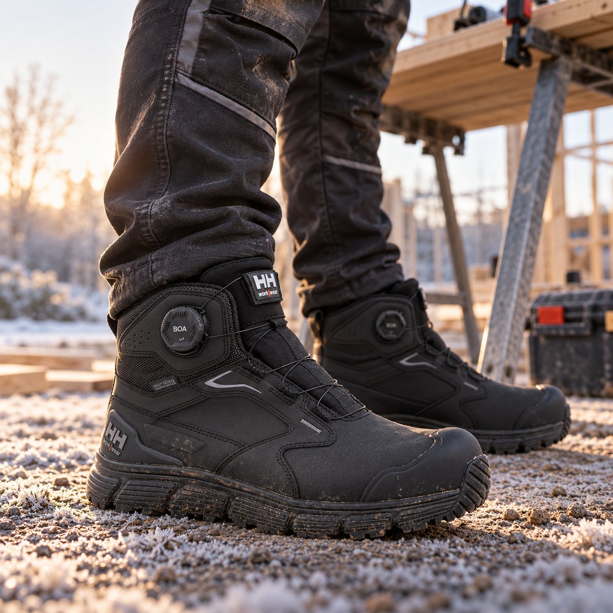 Helly Hansen Kensington 78453 S7S Sicherheitsschuhe bei Montagearbeiten im Freien – KI-generiertes Einsatzbild
