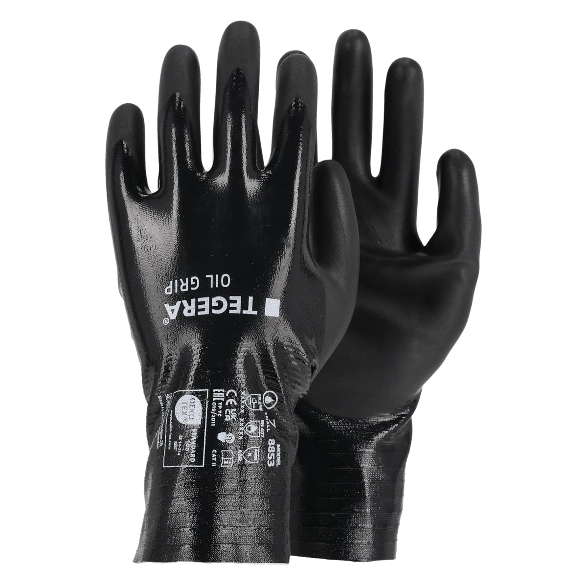 TEGERA 8853 Oil Grip Arbeitshandschuhe in Schwarz – Vorder- und Rückseite
